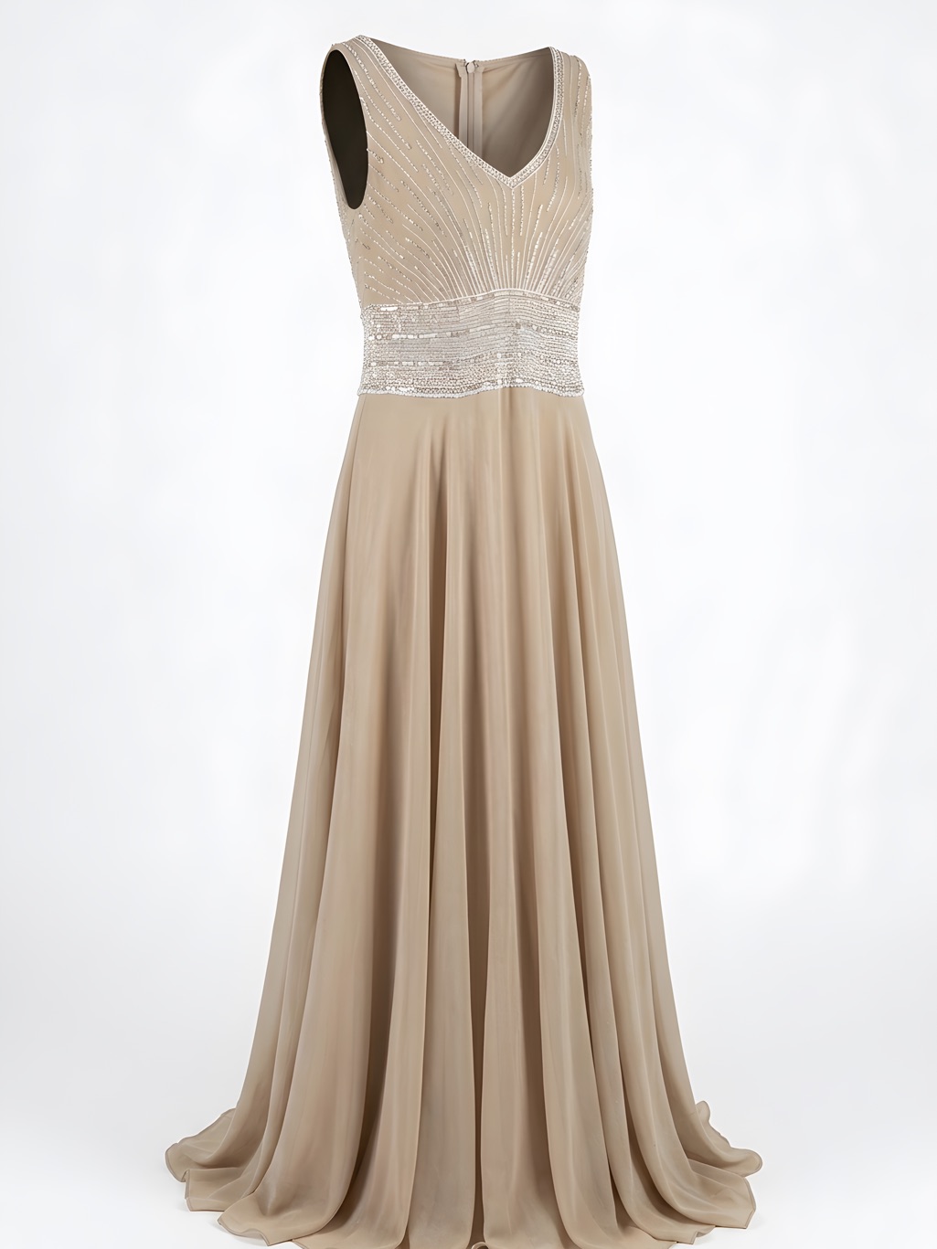 J Kara Beaded V-Neck Champagne/Taupe Evening Gown